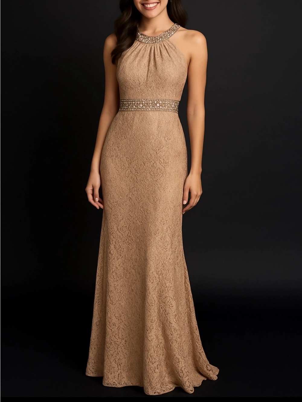 Embellished Halter Lace Evening Gown - Tan